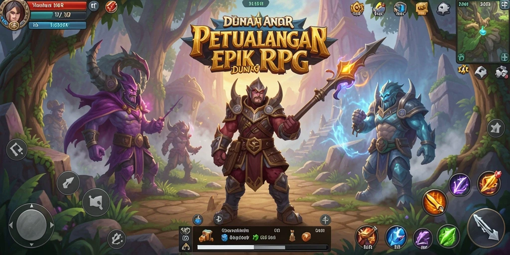 Screenshot gameplay 34R menampilkan pertarungan epik di dunia fantasi.