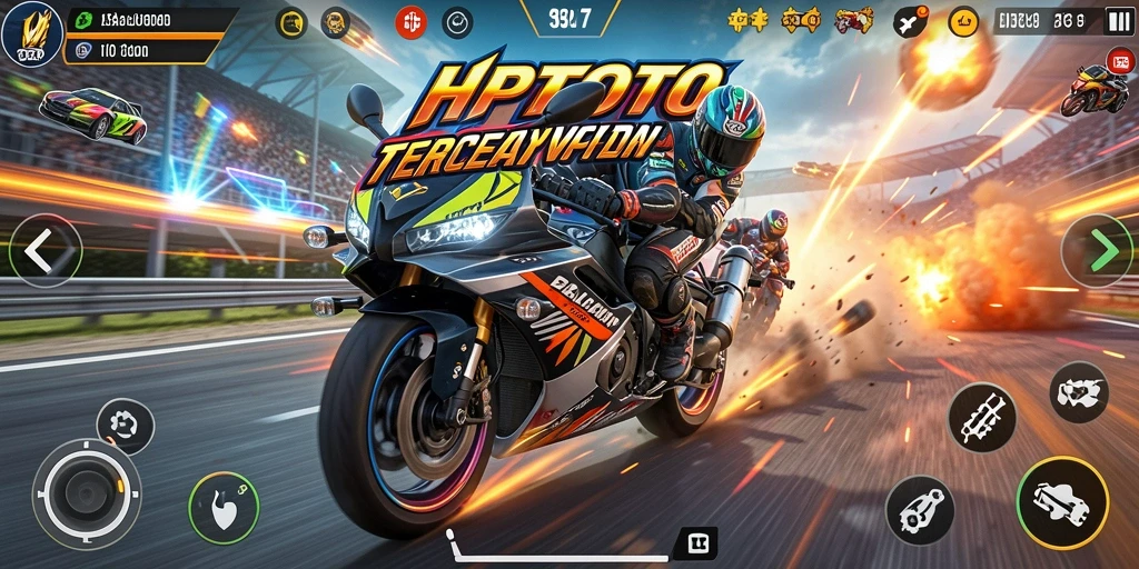 Tampilan gameplay seru HPTOTO dengan aksi balapan motor.